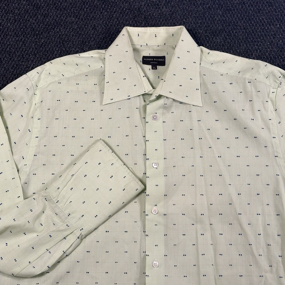 Alfred Dunhill London Men's Shirt XL Made in Italy Green Check Dot French Cuff